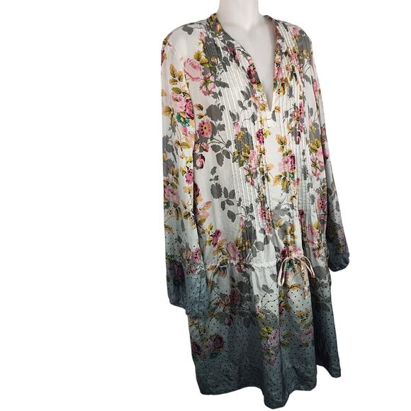 Johnny Was 100% Silk Knee Length Dress Drawstring Waist Pleated Floral Large - Picture 4 of 9
